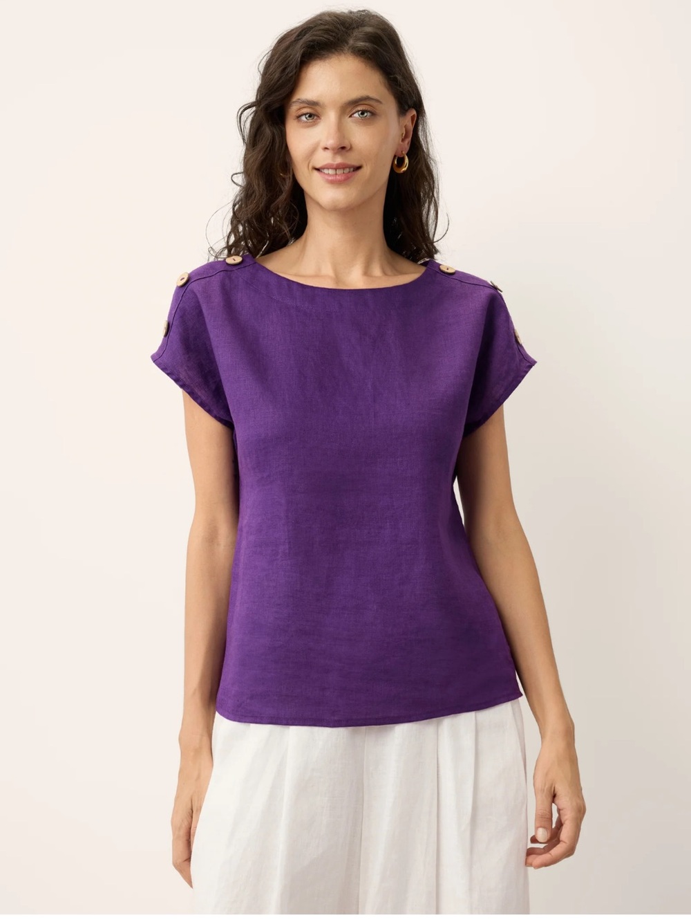 Lintico Dark Purple Isabelle Linen Round Neck Wood Button Detail Size XL